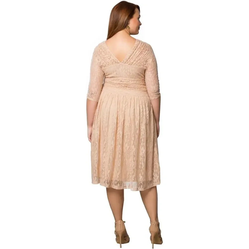 Kiyonna Party Dress Beige Lace Size 10 12 Swinging Symphony Lined Wedding Bride